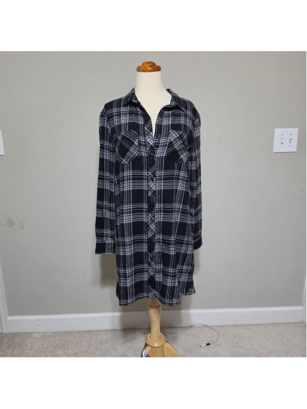 Beach Lunch Lounge Flannel Shirt Dress Black White Plaid Women's S Long Sleeve